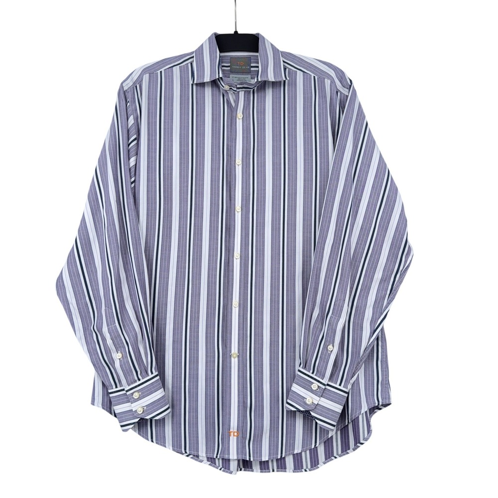 Thomas Dean Mens Purple Striped 100% Pima Cotton Long Sleeve Button Down Shirt M